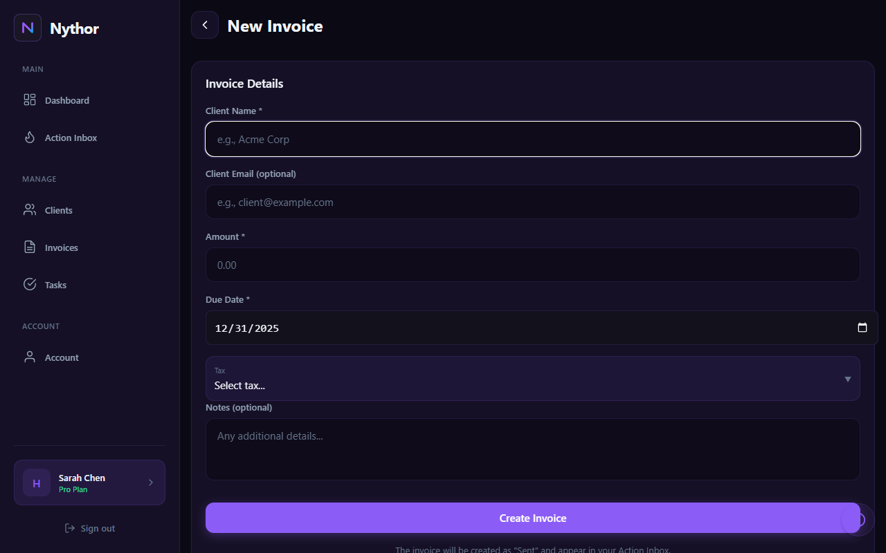Invoice creation form with client, amount, and due date fields
