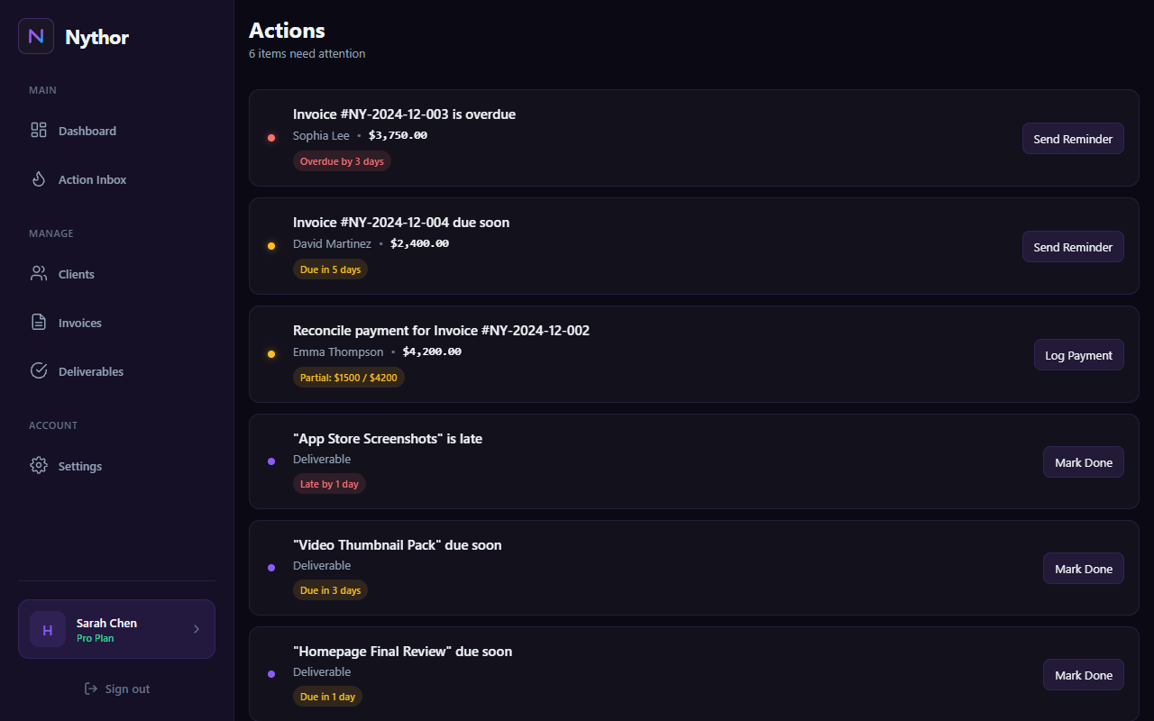 Nythor action inbox preview showing what to do today