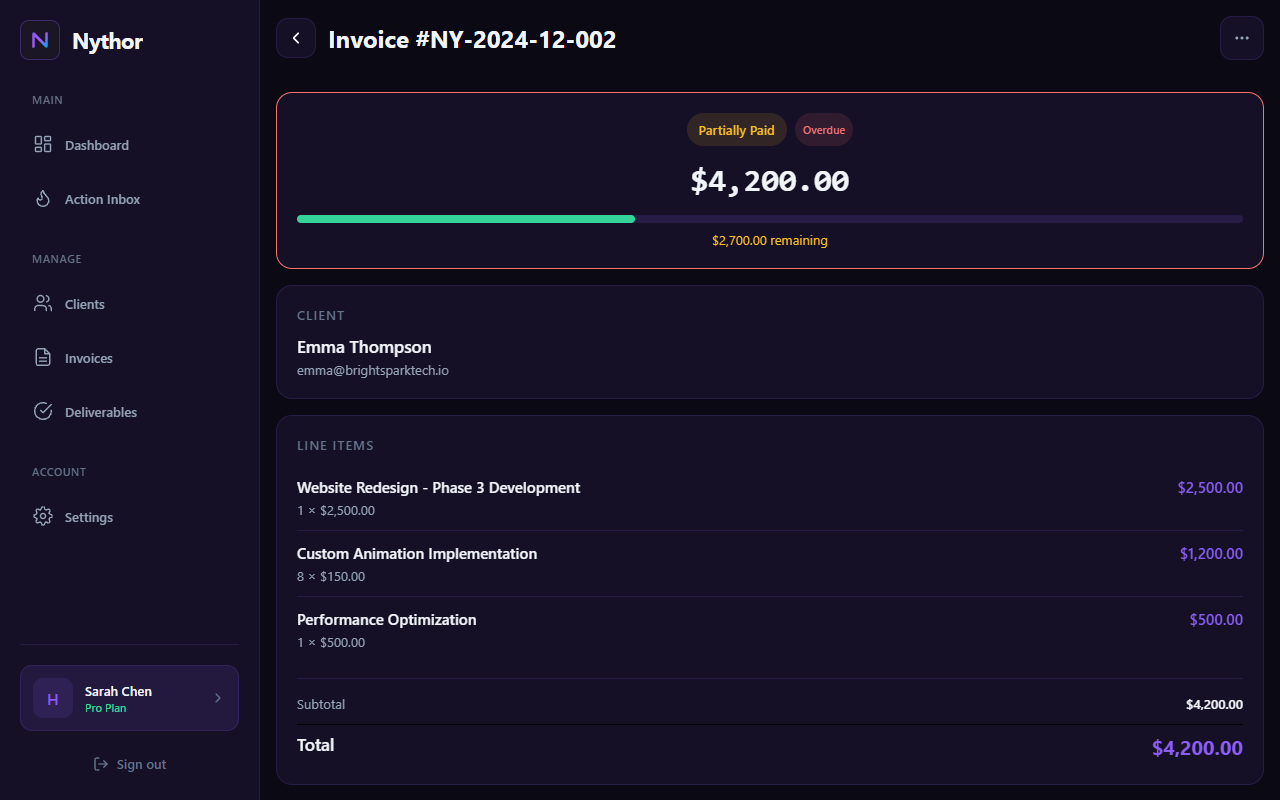Invoice detail view showing overdue invoice with partial payment tracking and remaining balance