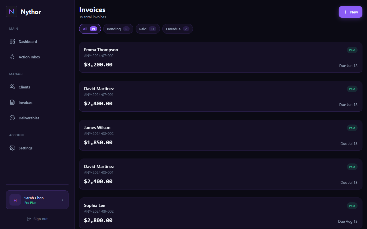 Nythor invoice management dashboard showing invoice list with paid, pending, and overdue statuses