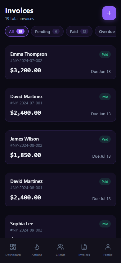 Nythor mobile invoice list with status filters and payment tracking
